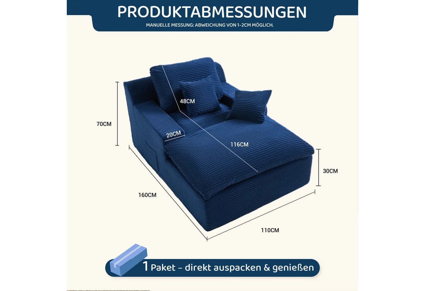 LITBIRD Chaiselongue 160 cm Loungesofa Navyblau