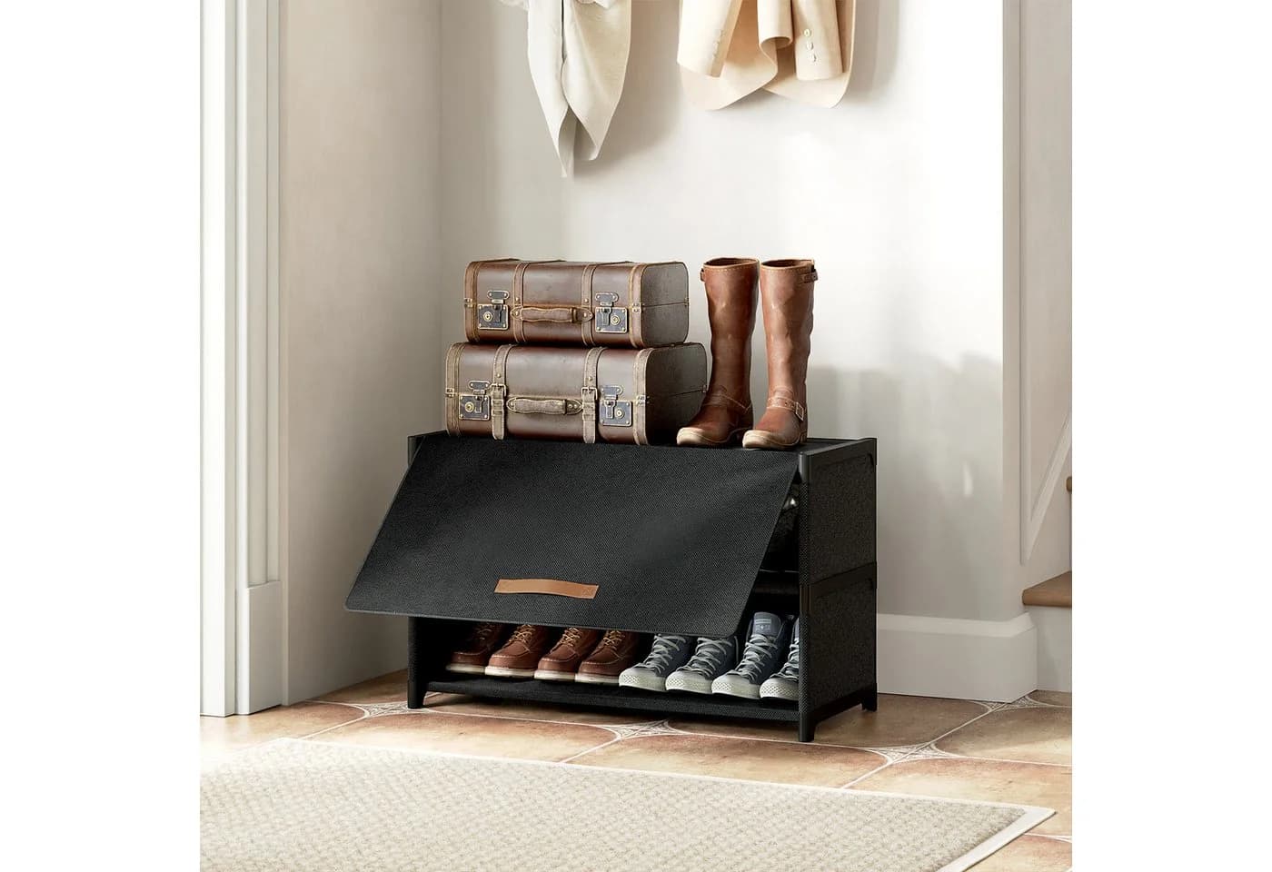 FABATO Schuhschrank Kunststoff Schwarz mit Tür und goldenem Griff