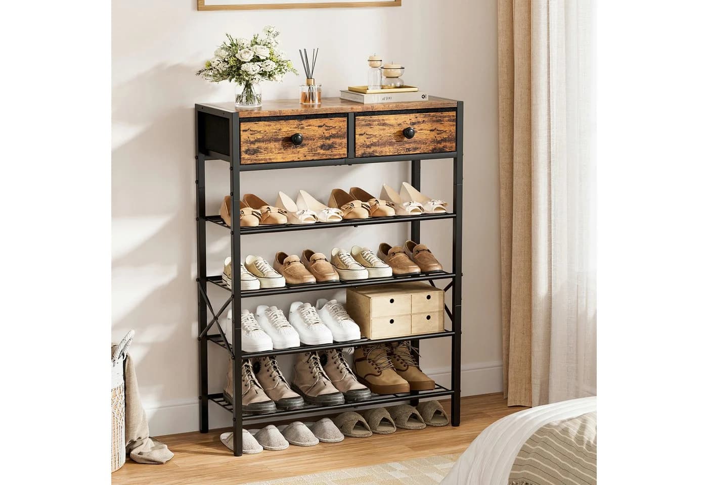 FABATO Schuhregal 5-stufig mit Schubladen & Holzplatte Rustikal Braun