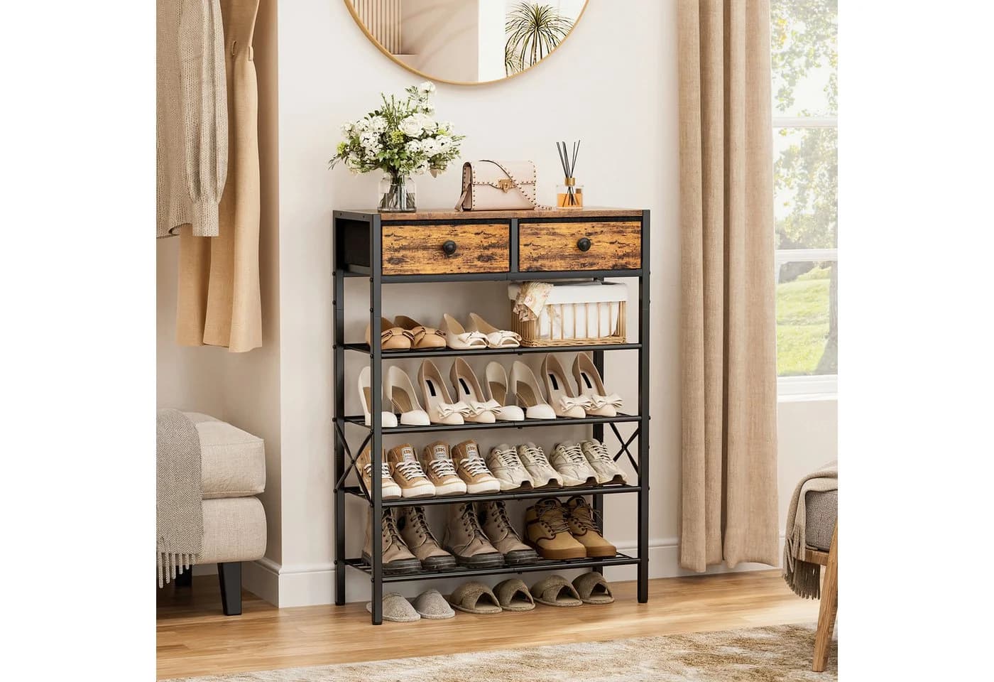FABATO Schuhregal 5-stufig mit Schubladen & Holzplatte Rustikal Braun - Bild 3