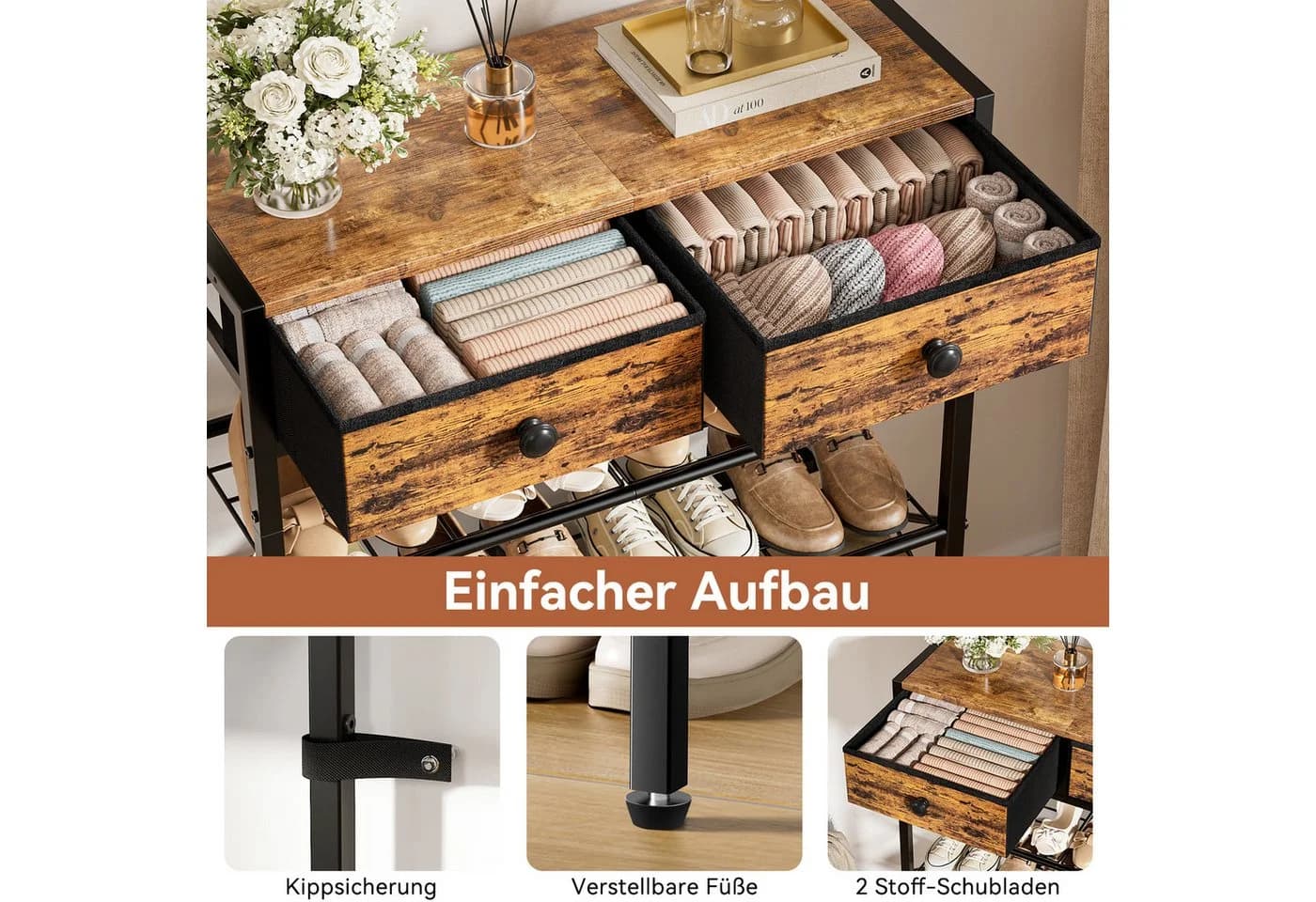 FABATO Schuhregal 5-stufig mit Schubladen & Holzplatte Rustikal Braun - Bild 5