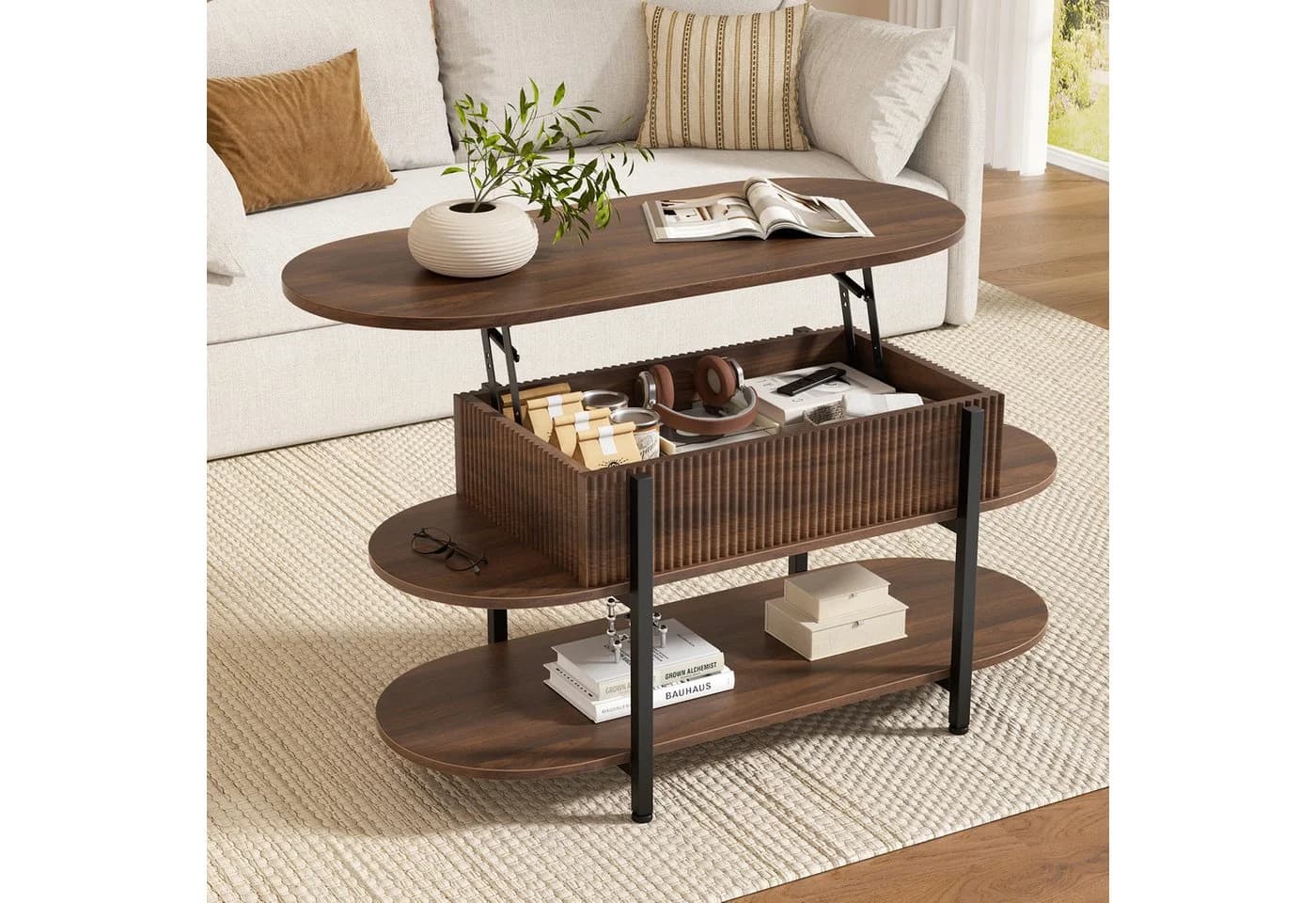 FABATO Couchtisch Oval Höhenverstellbar Braun Modern - Bild 2
