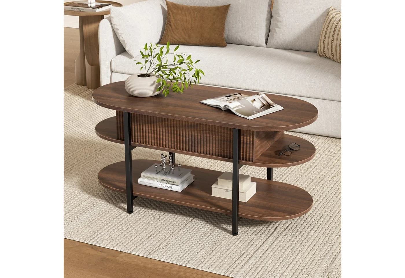 FABATO Couchtisch Oval Höhenverstellbar Braun Modern - Bild 3