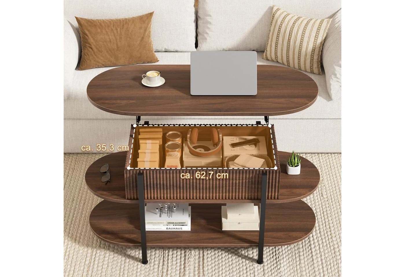 FABATO Couchtisch Oval Höhenverstellbar Braun Modern - Bild 5