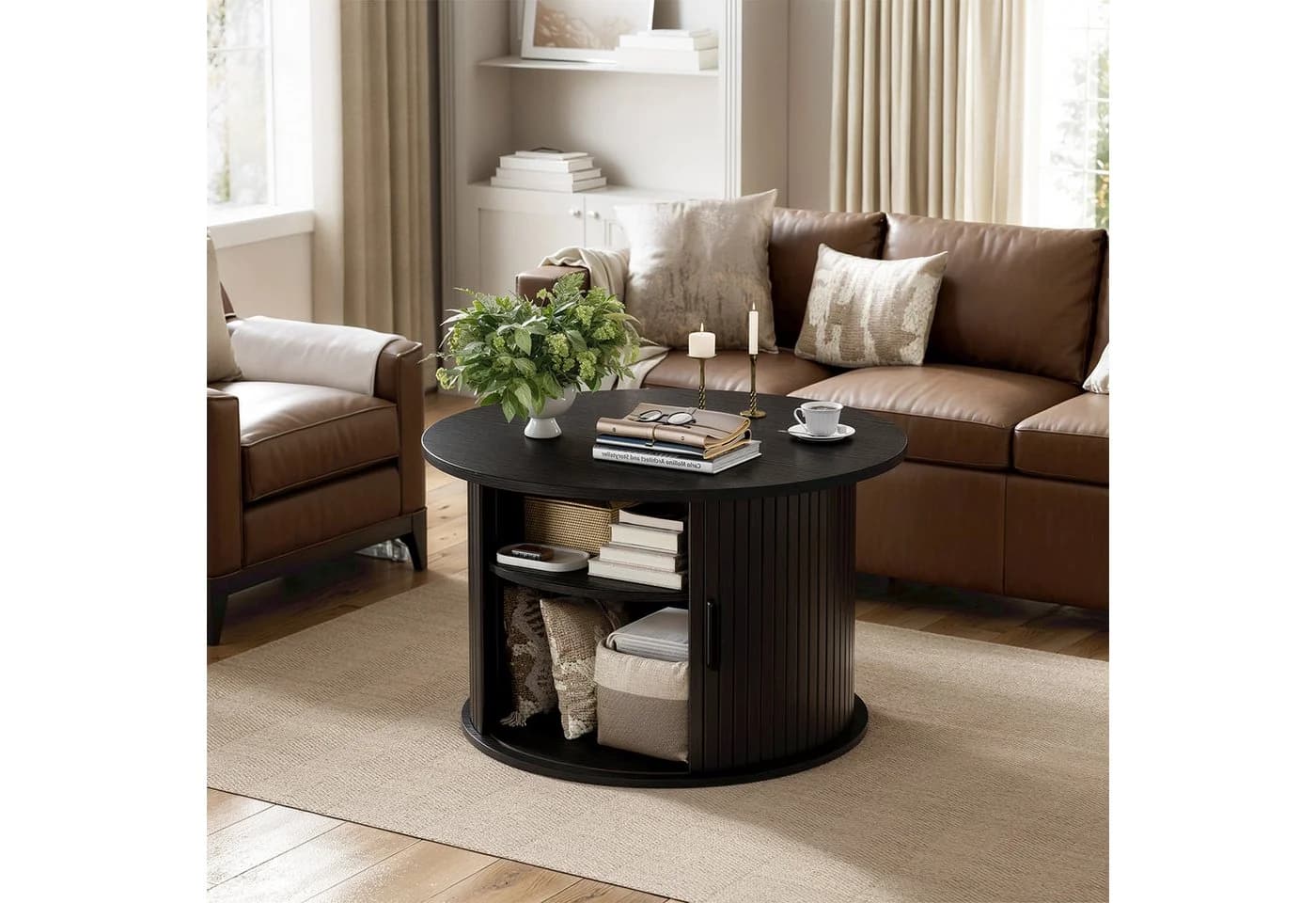 FABATO Runder Couchtisch Schwarz mit Lift-Funktion & Stauraum