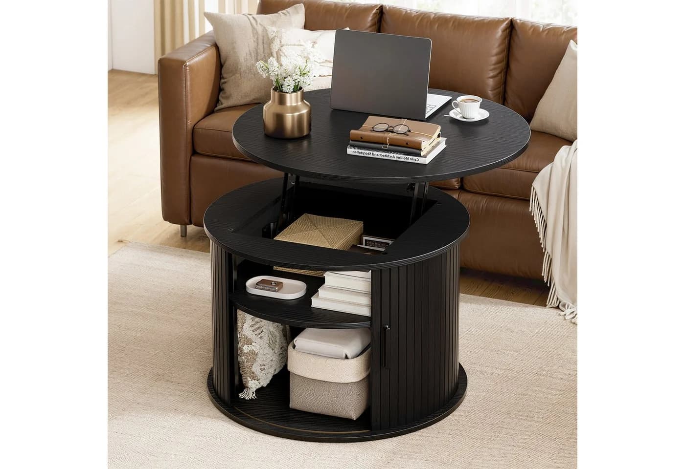 FABATO Runder Couchtisch Schwarz mit Lift-Funktion & Stauraum - Bild 2