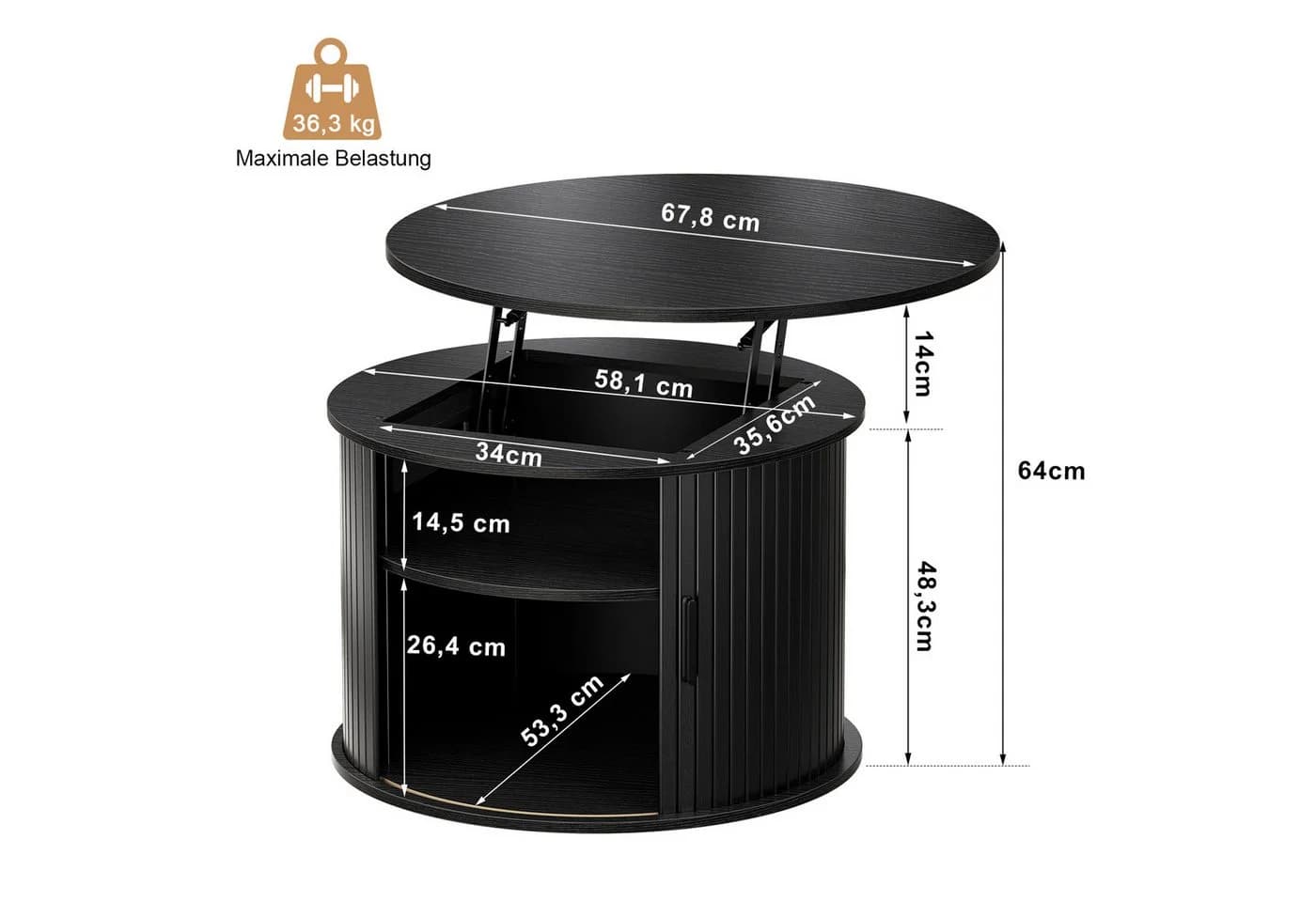 FABATO Runder Couchtisch Schwarz mit Lift-Funktion & Stauraum - Bild 4