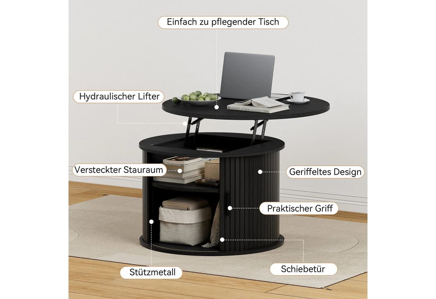 FABATO Runder Couchtisch Schwarz mit Lift-Funktion & Stauraum - Bild 5
