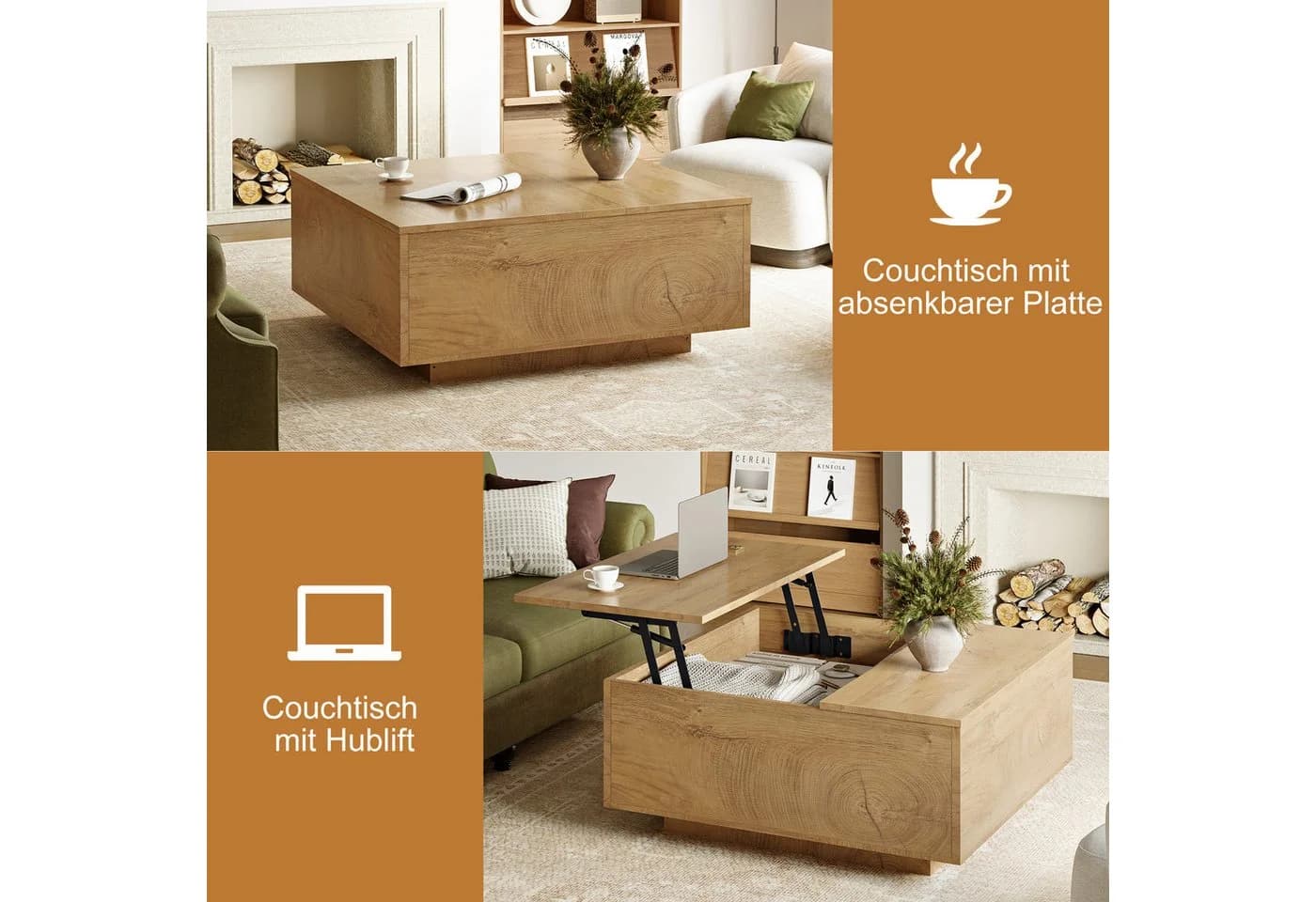 FABATO Couchtisch eckig höhenverstellbar hellbraun mit Staufach - Bild 5