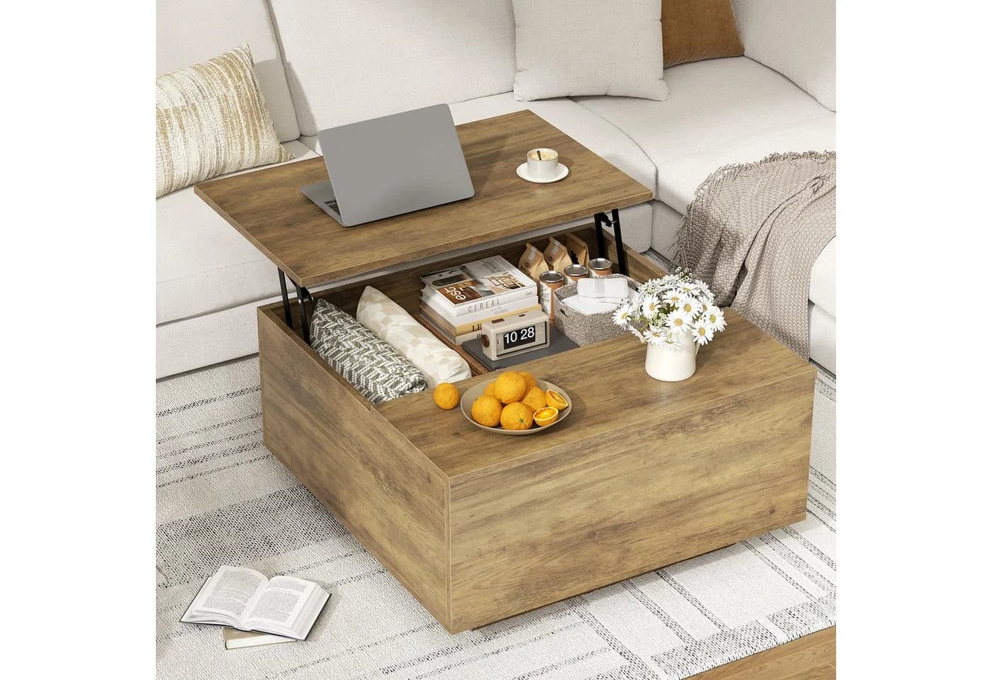 FABATO Couchtisch eckig höhenverstellbar oak Landhaus-Design