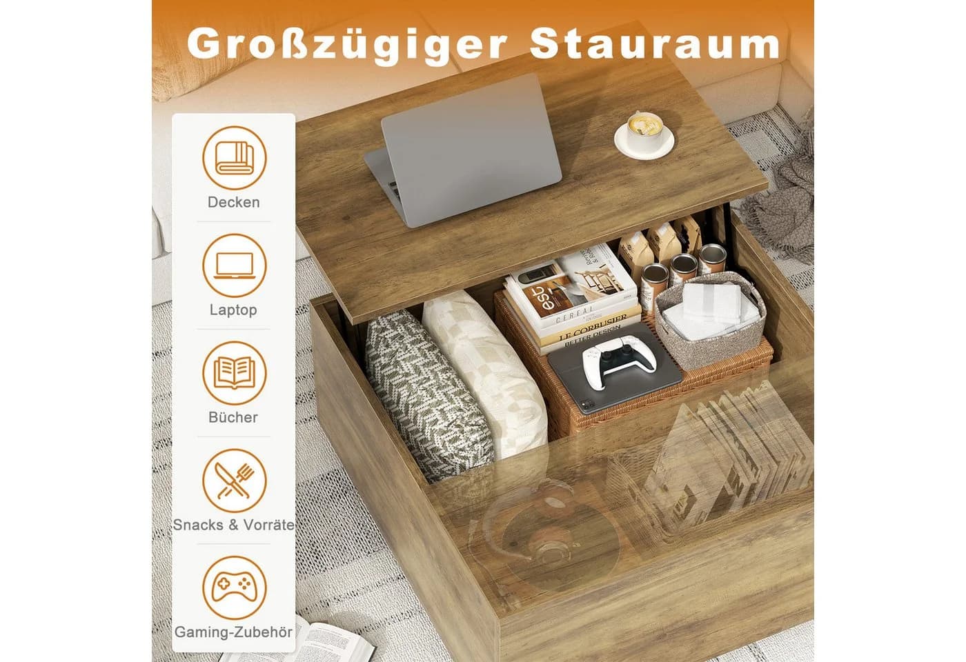 FABATO Couchtisch eckig höhenverstellbar oak Landhaus-Design - Bild 5