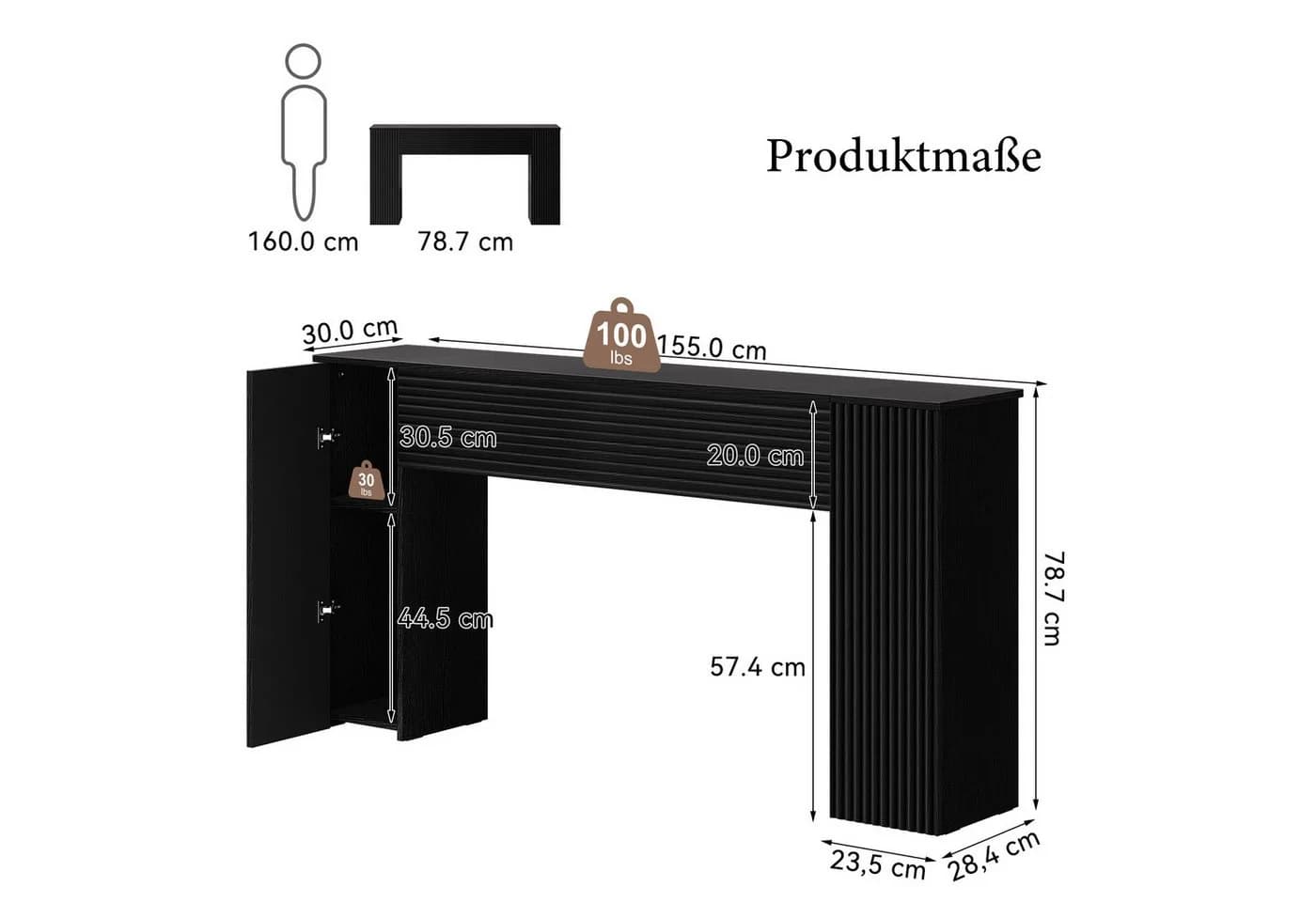 FABATO Beistelltisch 155 cm Schwarz Gewellt mit Stauraum - Bild 4