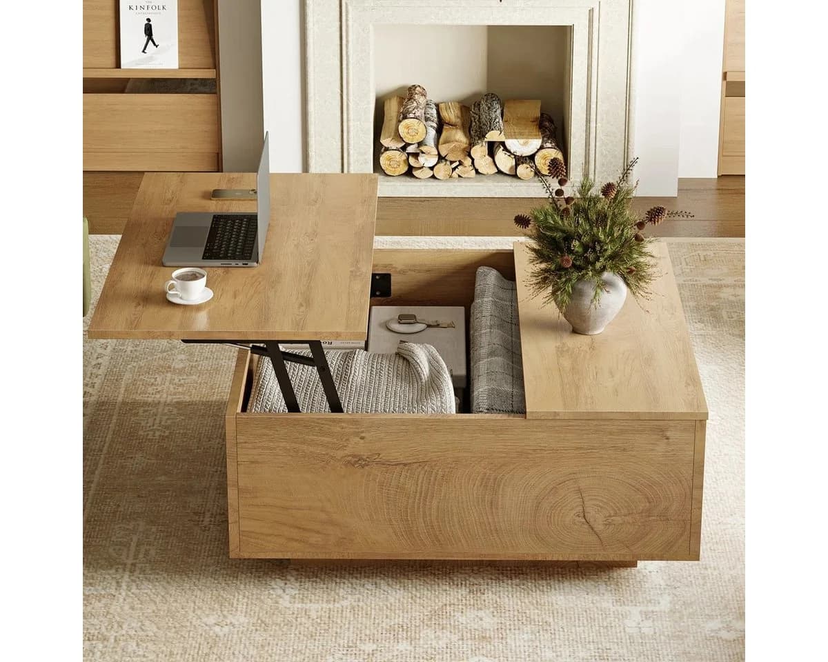 FABATO Couchtisch eckig höhenverstellbar hellbraun Landhaus-Design - Bild 4