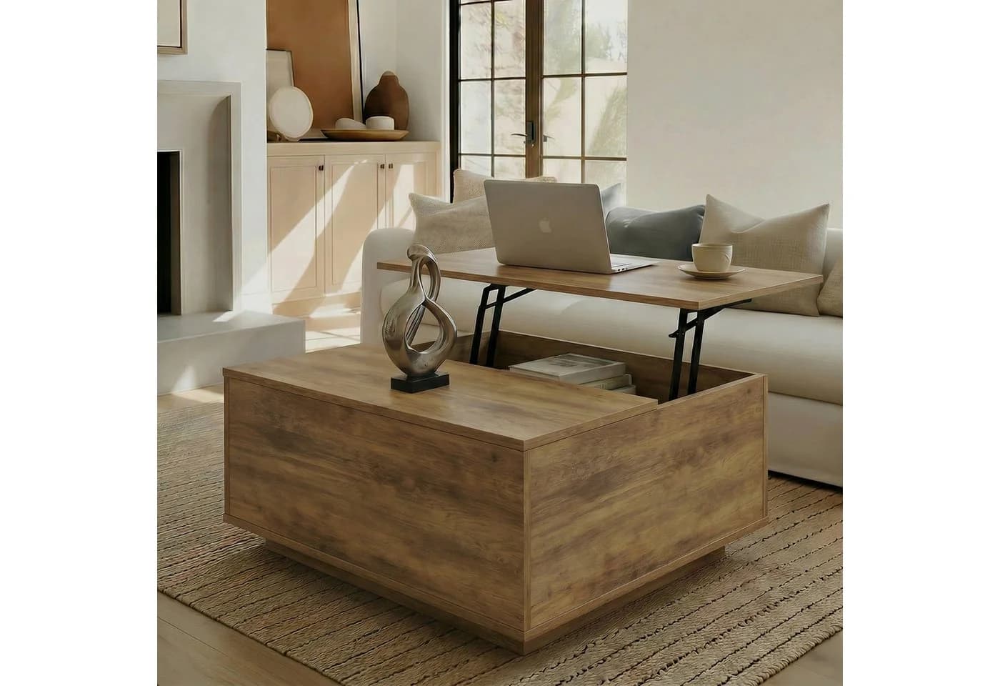 FABATO Couchtisch eckig höhenverstellbar dunkelbraun Landhaus-Design
