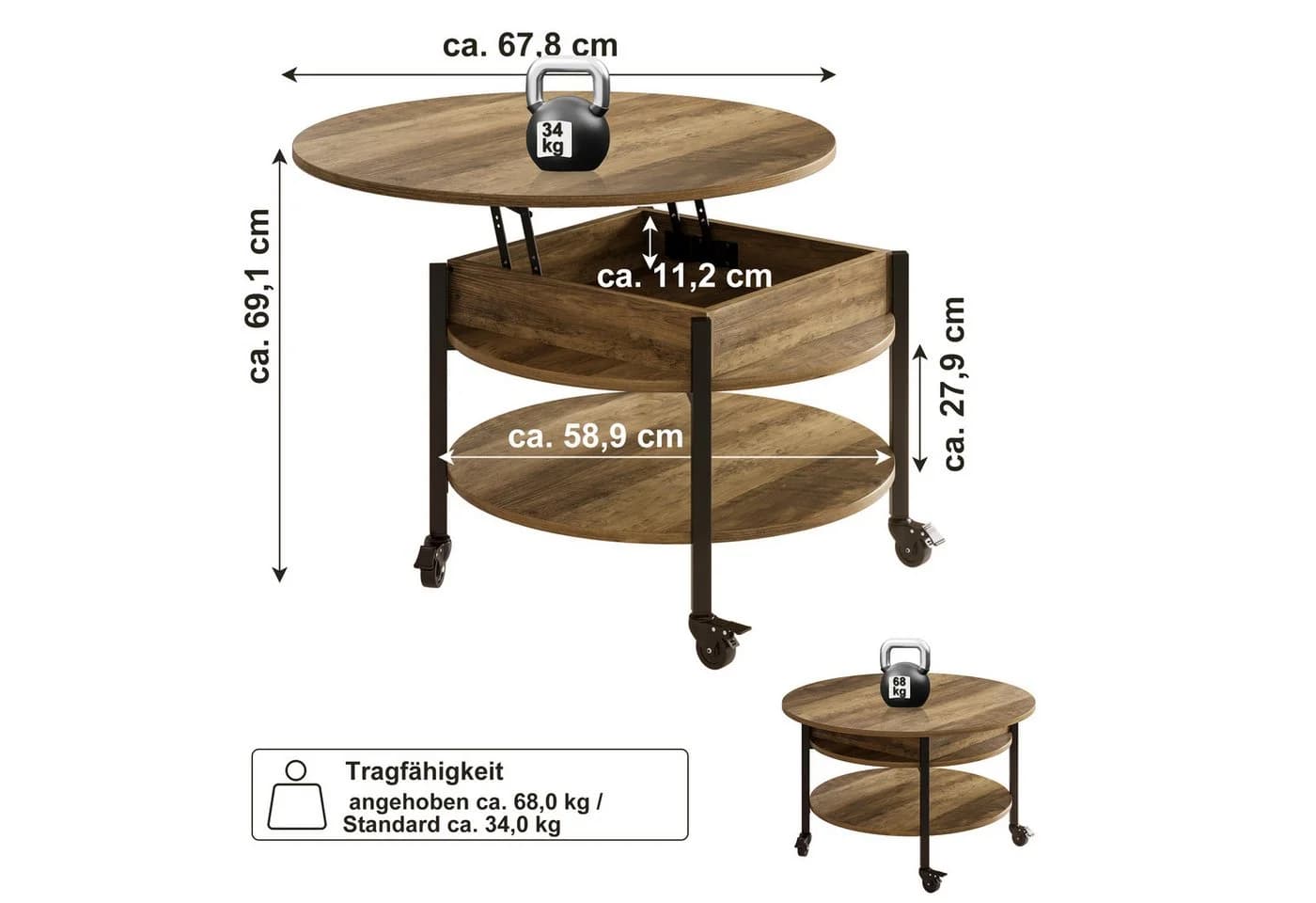 FABATO Runder Couchtisch höhenverstellbar mit Rollen und Staufach Natur
