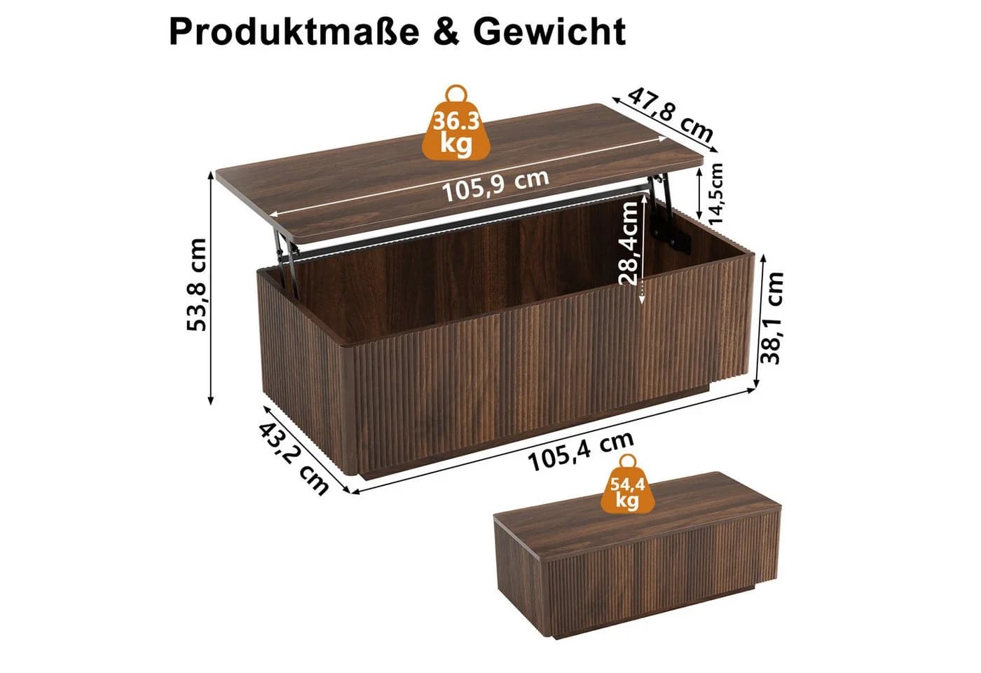 FABATO Lift-Couchtisch 106 cm Braun Holz-Optik Mid-Century - Bild 4