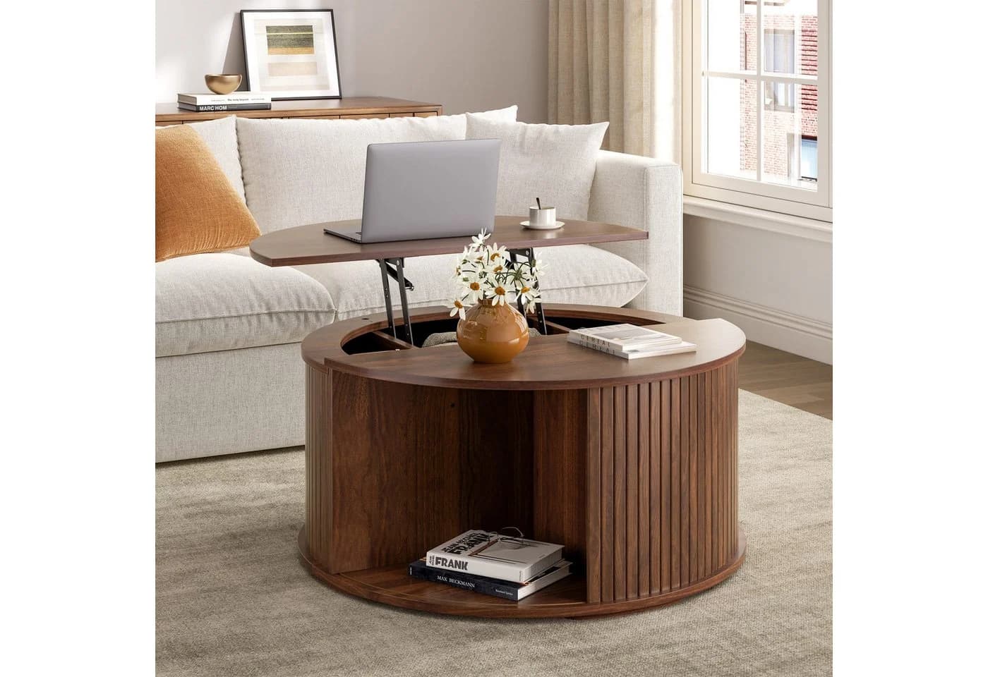 FABATO Couchtisch mit Liftfunktion braun rund modern