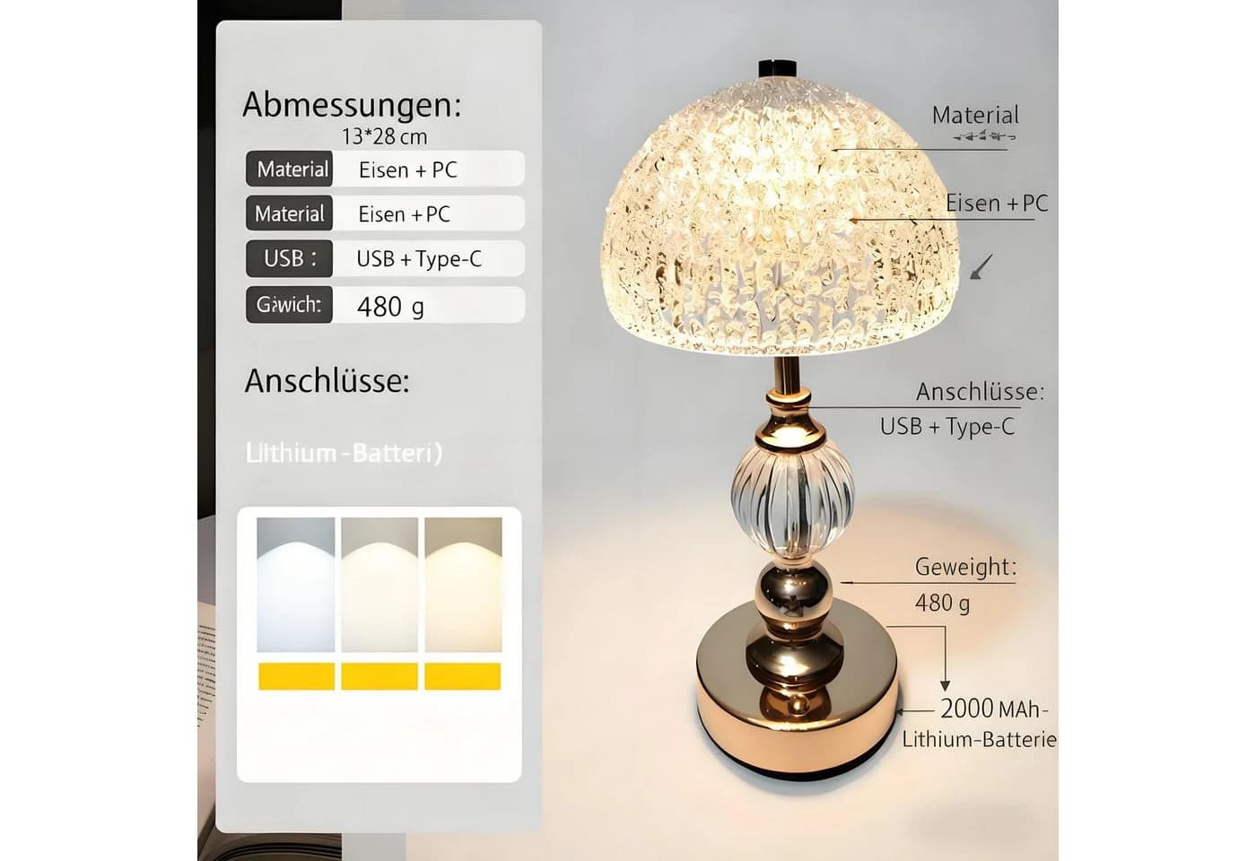Luckice LED Nachttischlampe Moderne LED Tischlampe–Nachtlicht Nachttischlampe, 2000-mAh-Batterie, dreifarbige Lichtänderung, stufenlose Dimmung, stilvolle Tischleuchte mit einstellbarer Helligkeit & Warmweiß für Schreibtisch, Schlafzimmer, Wohnzimmer
