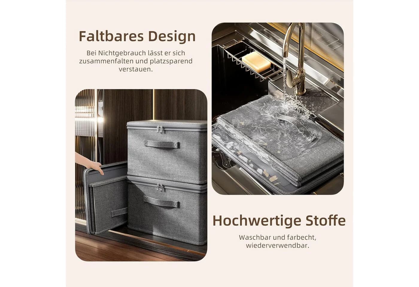 Luckice Aufbewahrungsbox Grau Faltbar mit Reißverschluss und Griffen