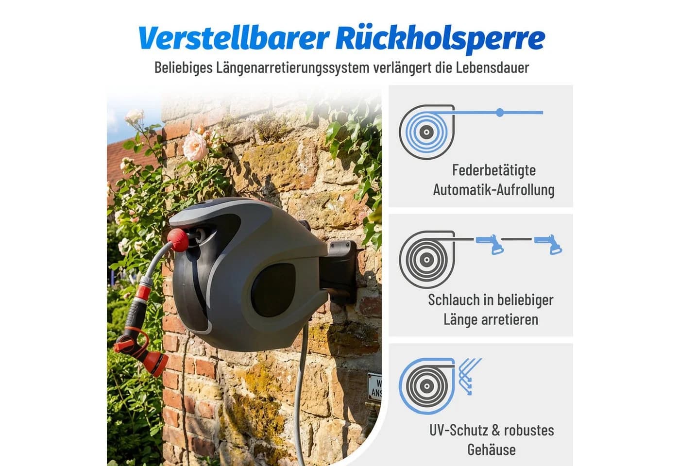 Luckice Wandschlauchbox 30m Automatisch Grau mit 9-Fach Sprühkopf - Bild 5