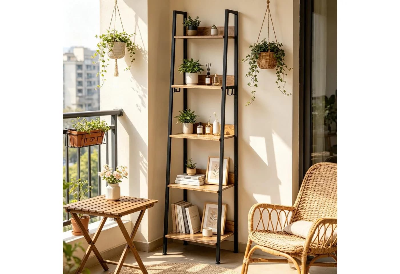 ibettertec Bücherregal Industrial-Stil 5-stufig Schwarz Metallrahmen MDF