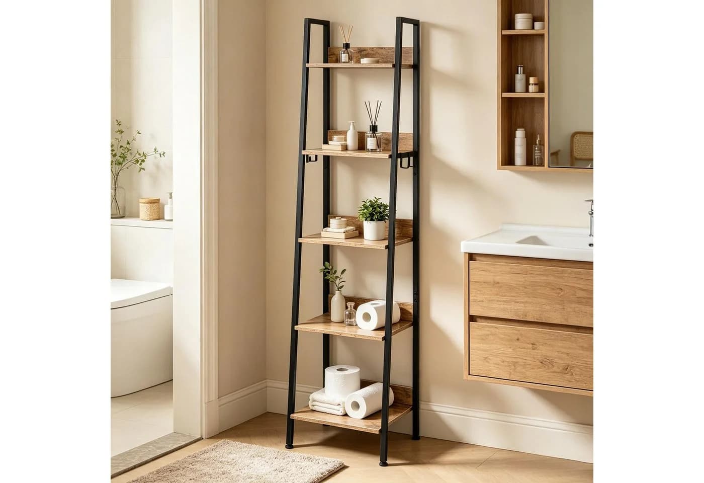 ibettertec Bücherregal Industrial-Stil 5-stufig Schwarz Metallrahmen MDF - Bild 2