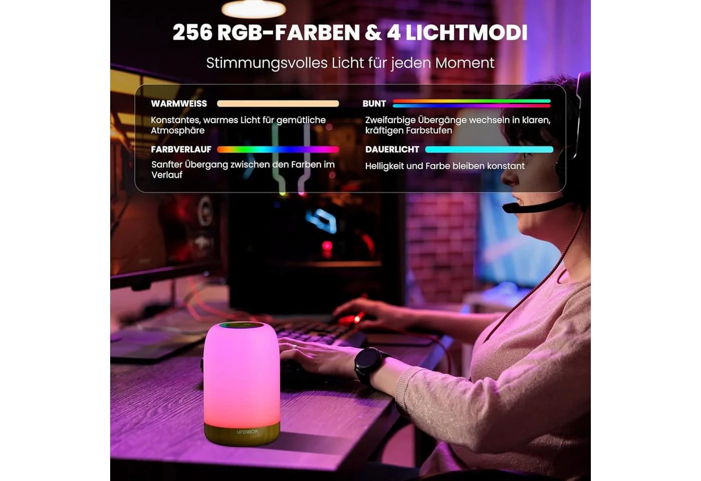 Luckice LED Nachtlicht Touch Dimmbar 256 RGB Farben Holzmaserung - Bild 4