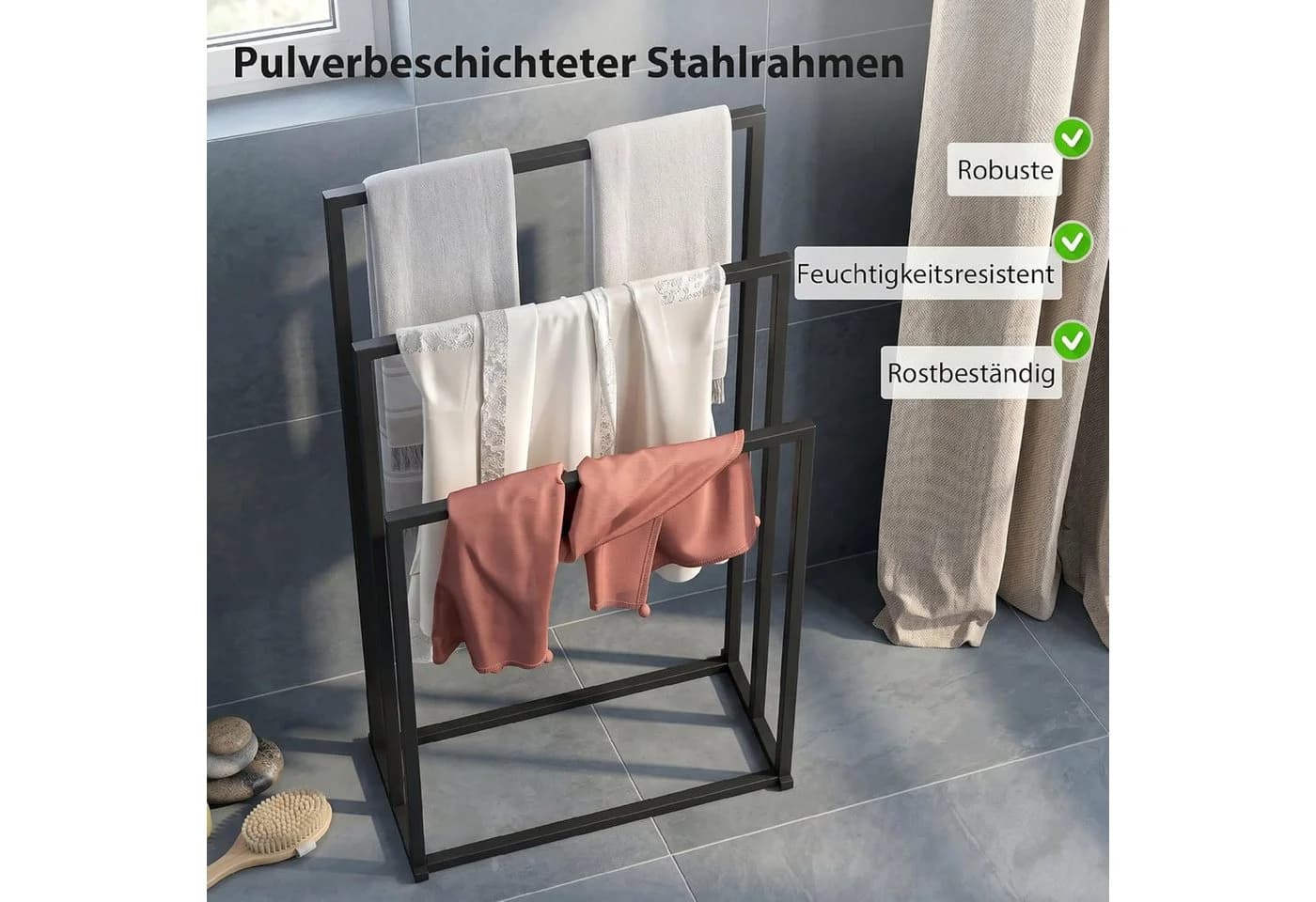 Luckice Teleskop-Handtuchhalter Schwarz Stahl 3 Stangen Freistehend - Bild 5