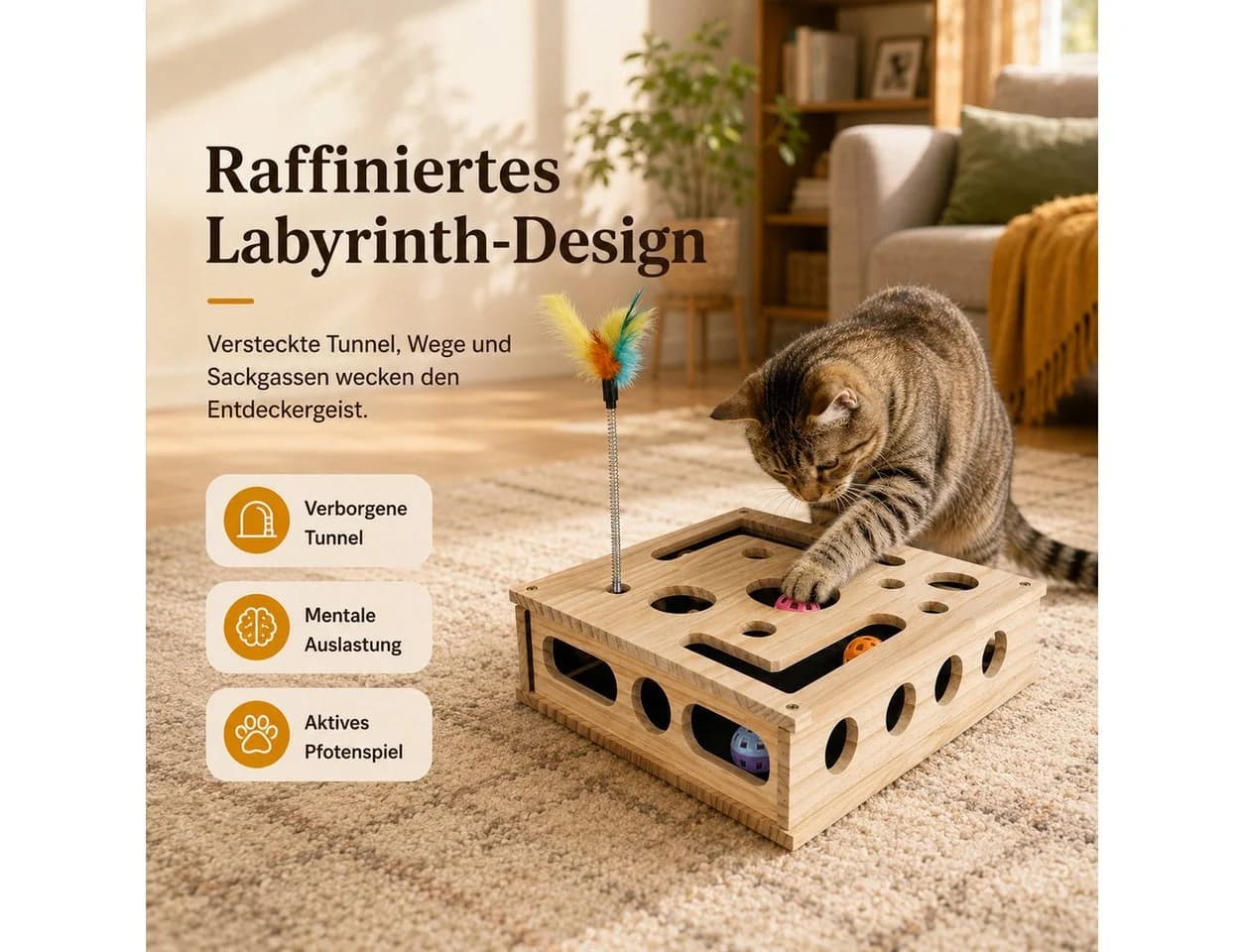 Luckice Katzenspielzeug Fummelbrett Holz mit Kratzfläche