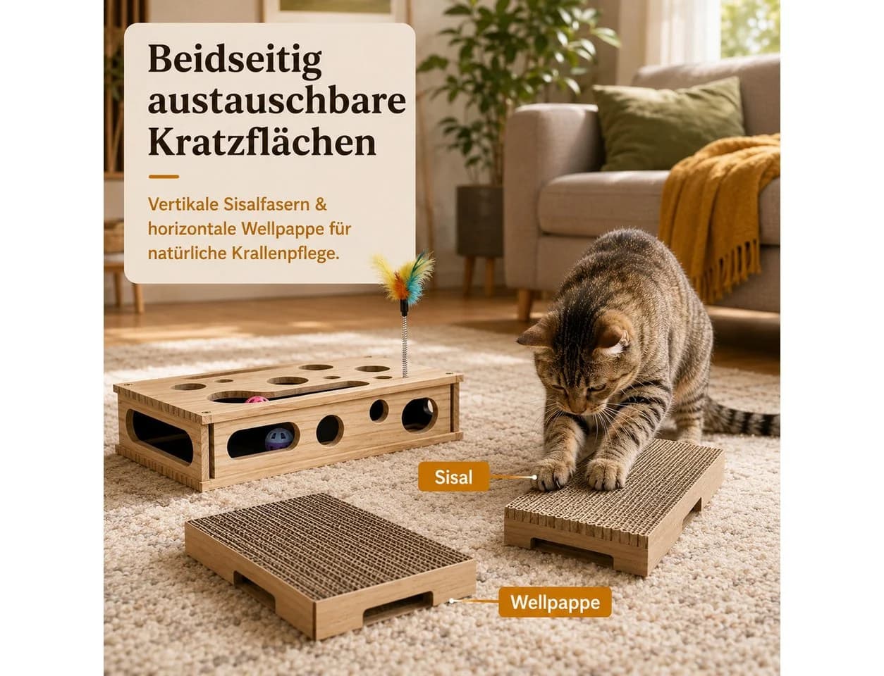 Luckice Katzenspielzeug Fummelbrett Holz mit Kratzfläche - Bild 3
