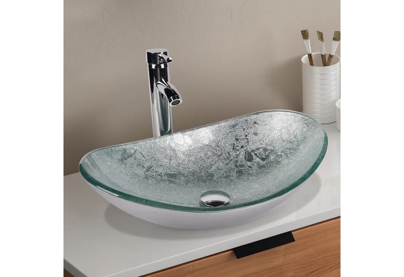 Puluomis Aufsatzwaschbecken Set mit Wasserhahn Oval Glas Silber - Bild 2