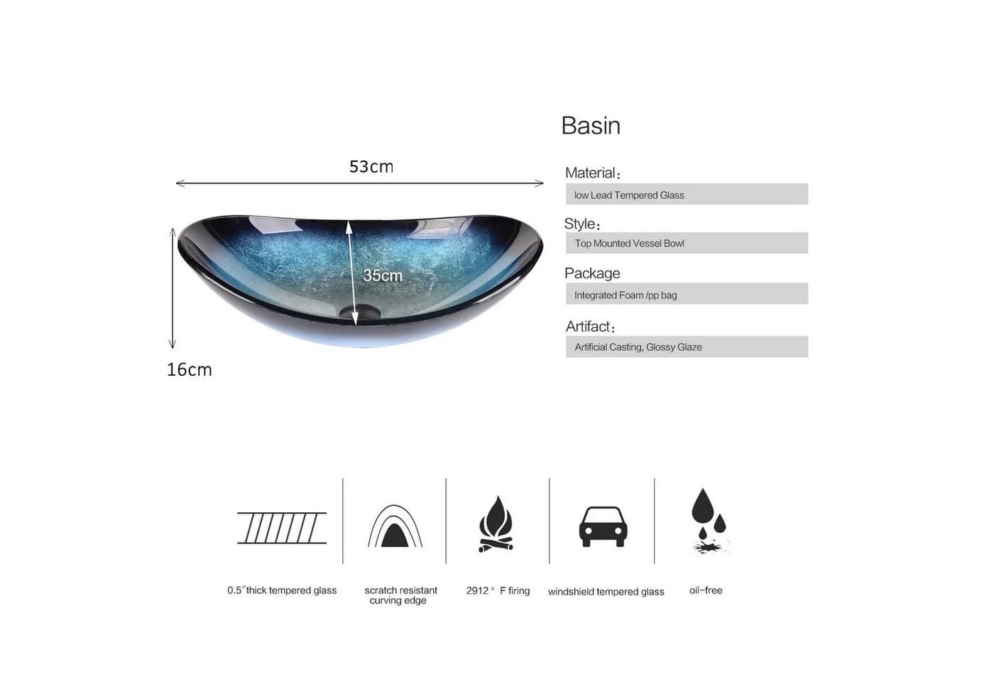Puluomis Aufsatzwaschbecken Set mit Wasserhahn Oval Blau Glas - Bild 3