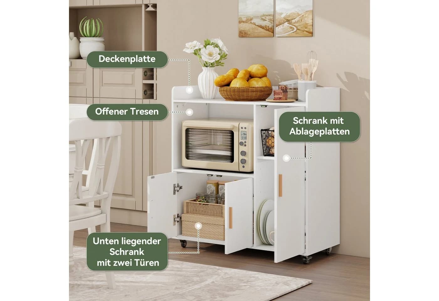Puluomis Küchenwagen Weiß mit Mikrowellenablage & Rollen - Bild 4
