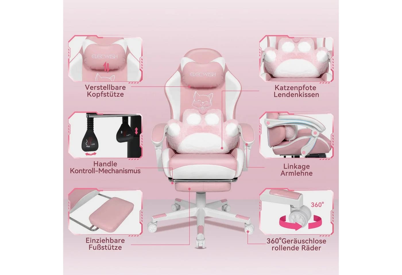Puluomis Gaming-Stuhl Bürostuhl Ergonomisch Rosa-Weiß mit Katzenmotiv