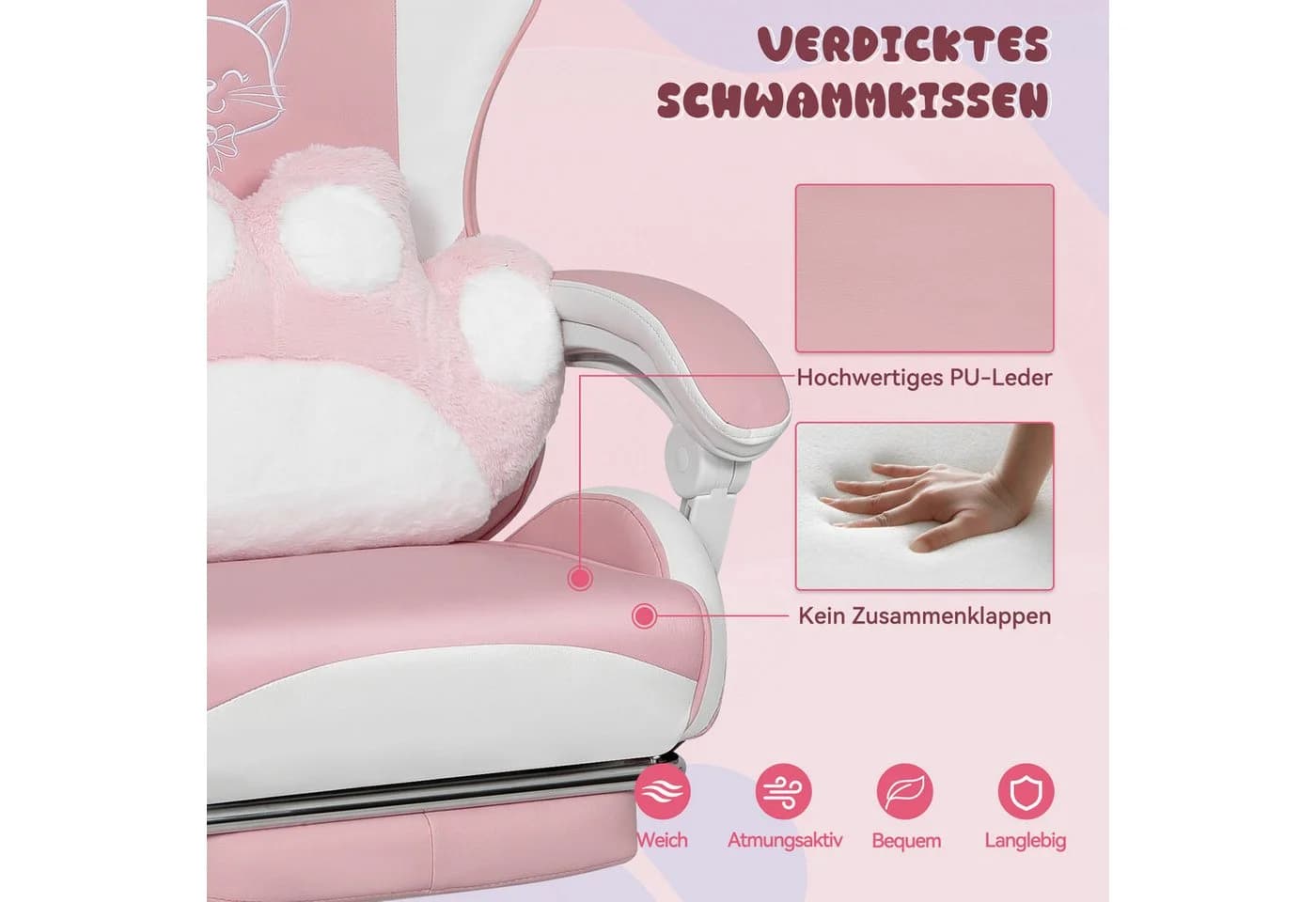 Puluomis Gaming-Stuhl Bürostuhl Ergonomisch Rosa-Weiß mit Katzenmotiv - Bild 3