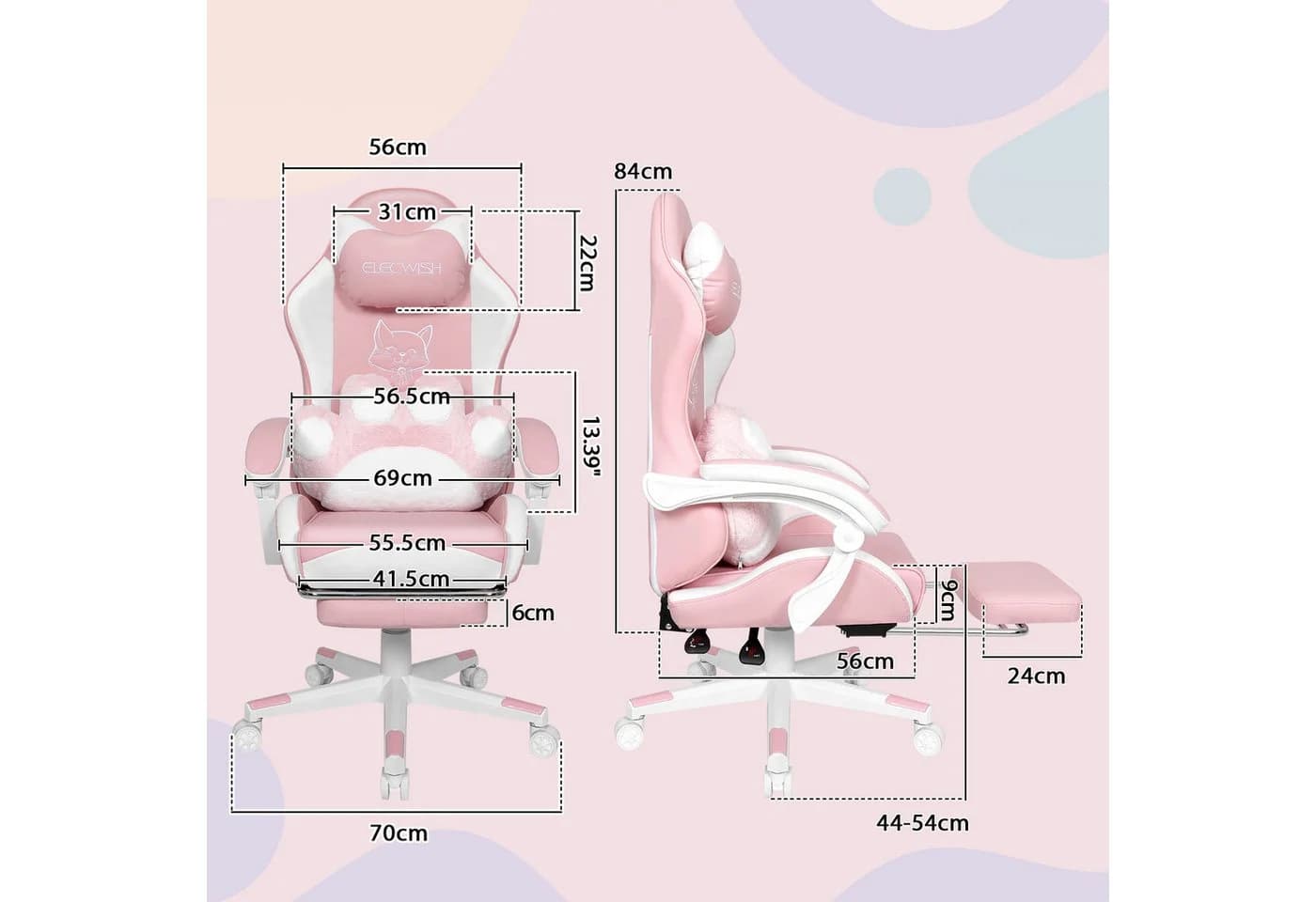 Puluomis Gaming-Stuhl Bürostuhl Ergonomisch Rosa-Weiß mit Katzenmotiv - Bild 5