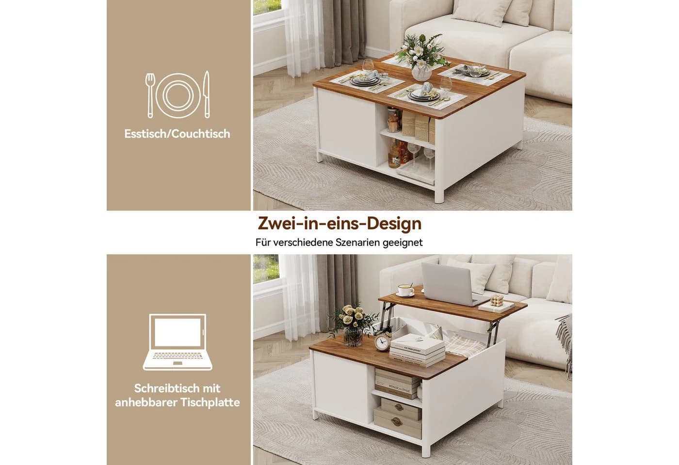 Puluomis Couchtisch mit Lift-Mechanismus Weiß - Bild 4