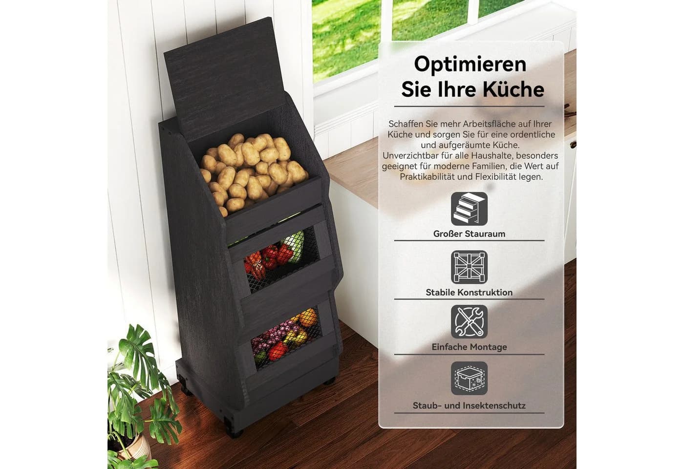 Puluomis Vorratsdose Kartoffelbox Braun Schwarz mit Rollen