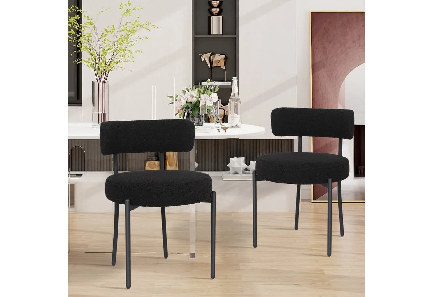 Puluomis Esszimmerstuhl Bouclé mit Metallbeinen Schwarz/Weiß Modern Retro