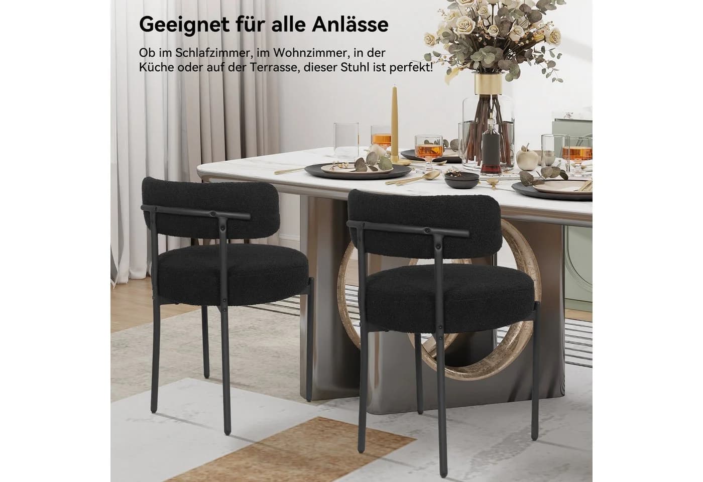 Puluomis Esszimmerstuhl Bouclé mit Metallbeinen Schwarz/Weiß Modern Retro - Bild 4