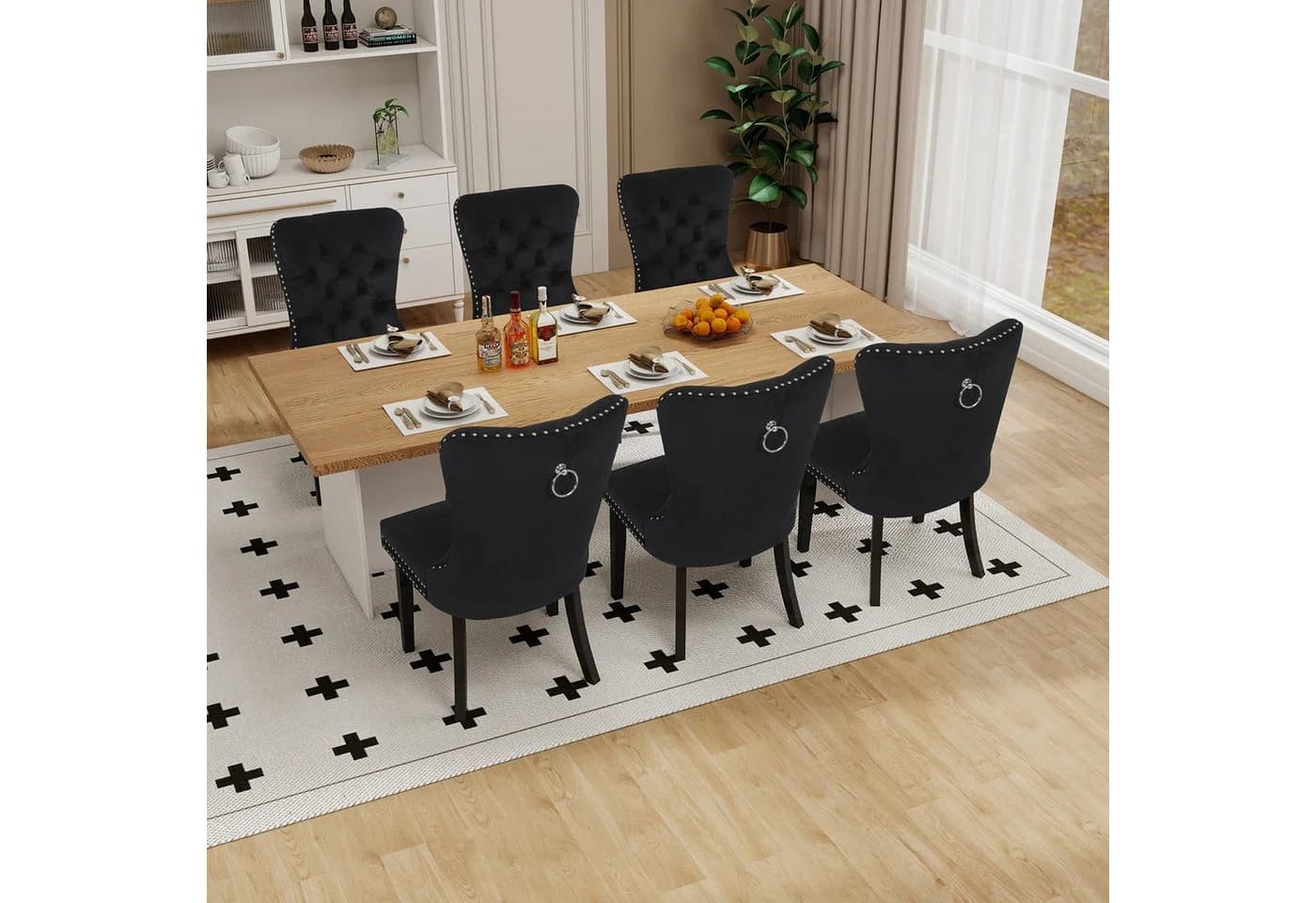 Puluomis Esszimmerstuhl Samt mit Eichenbeinen Grau/Schwarz/Beige