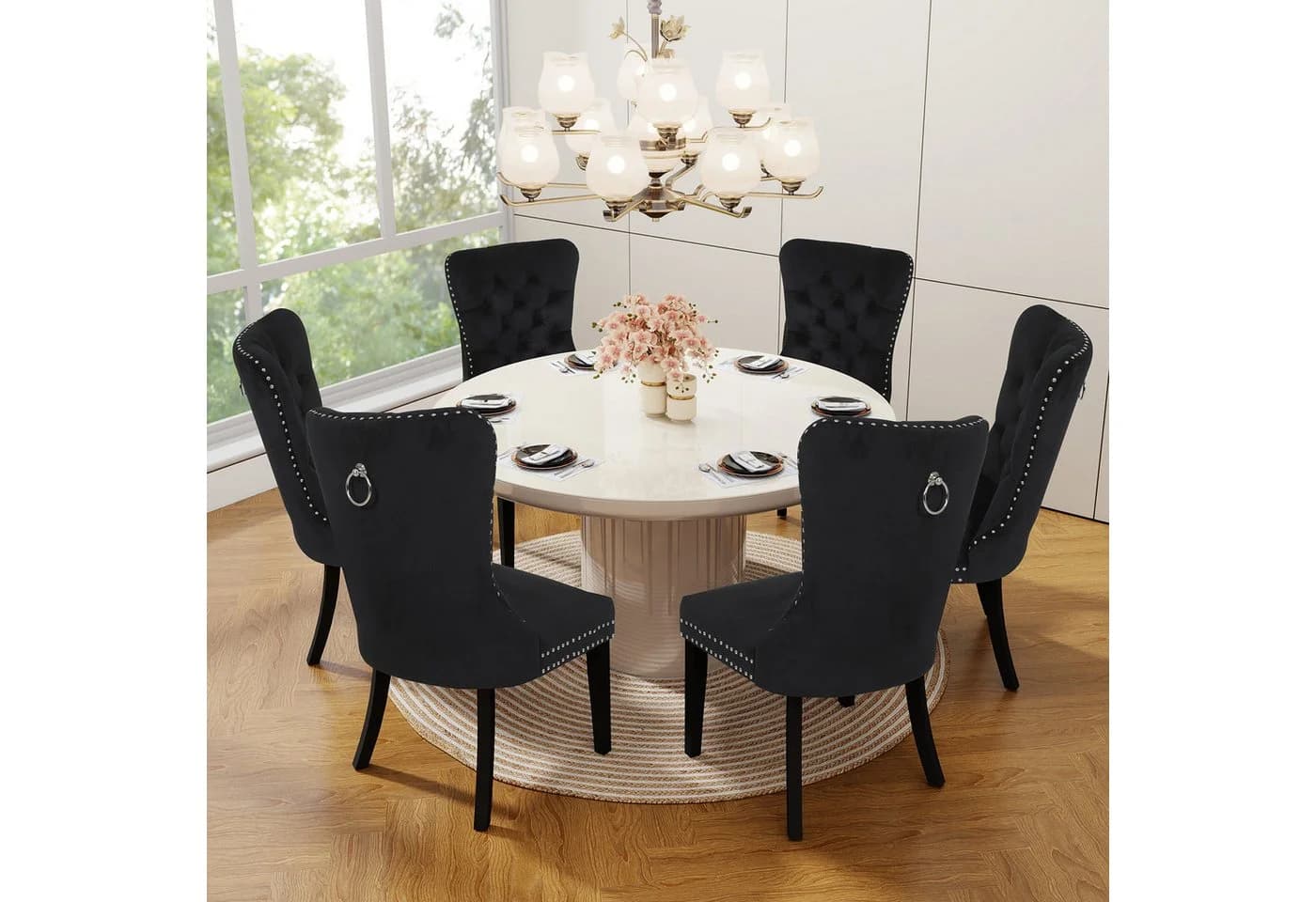 Puluomis Esszimmerstuhl Samt mit Eichenbeinen Grau/Schwarz/Beige - Bild 3
