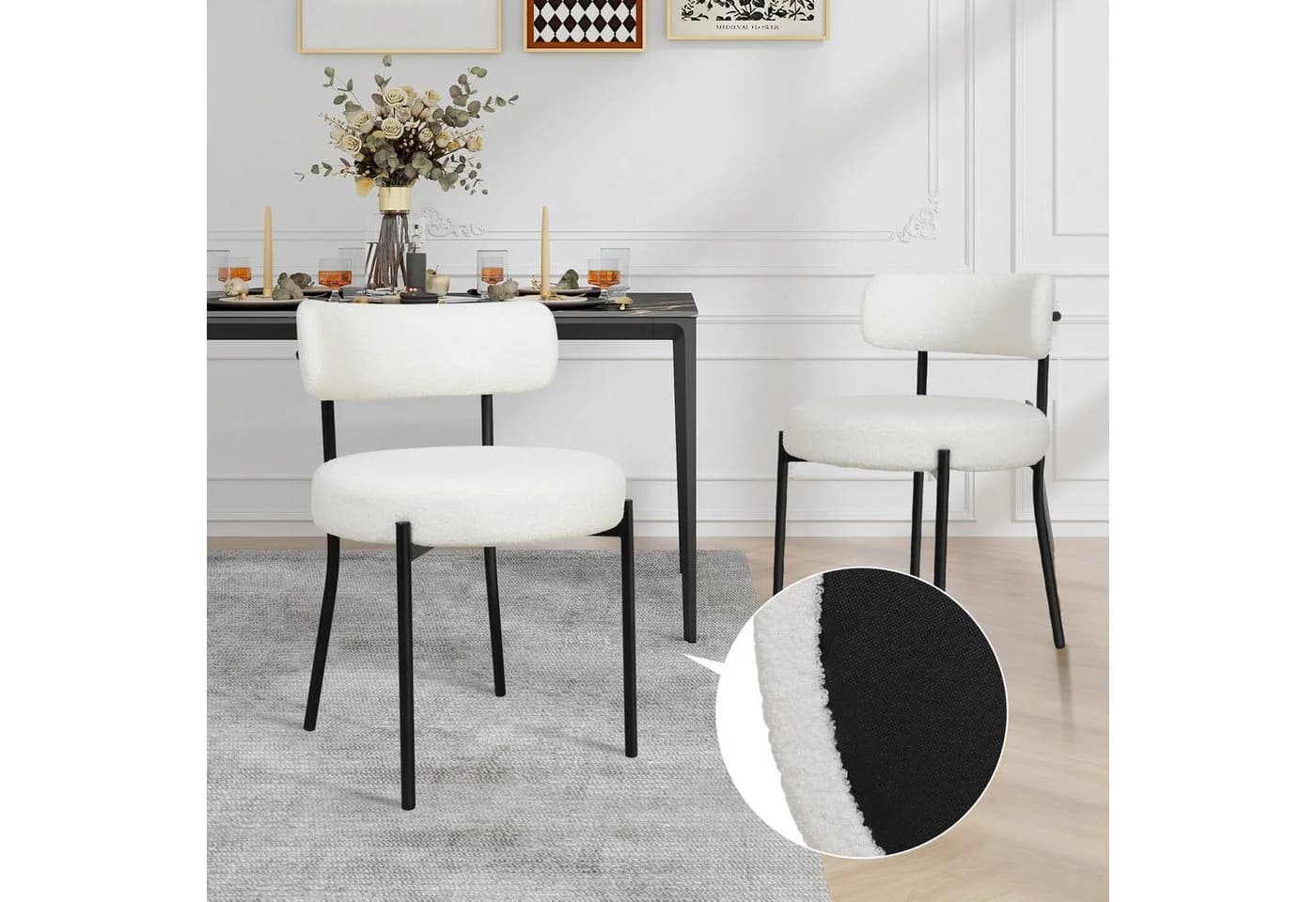 Puluomis Esszimmerstuhl Bouclé mit Metallbeinen, Weiß/Schwarz