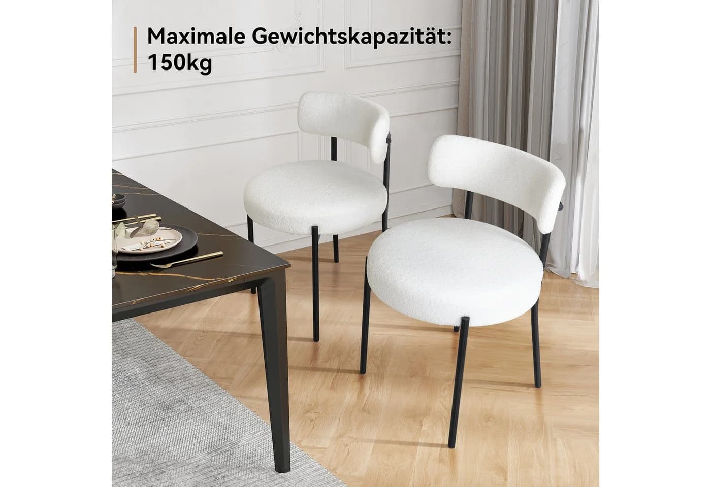 Puluomis Esszimmerstuhl Bouclé mit Metallbeinen, Weiß/Schwarz - Bild 3