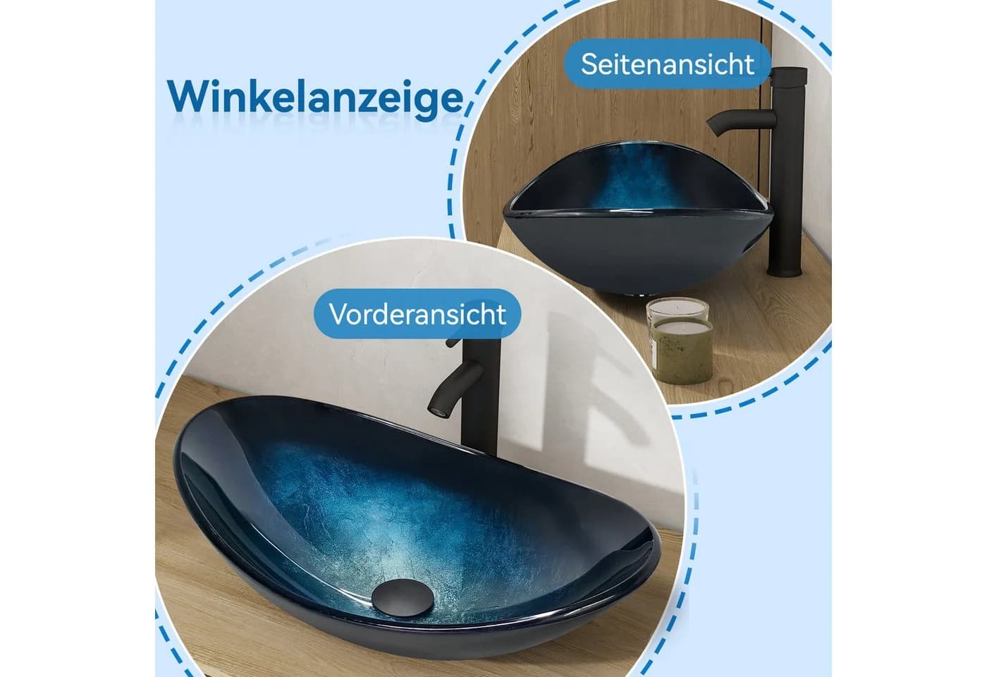 Puluomis Aufsatzwaschbecken Set mit Wasserhahn Oval Dunkelblau Glas