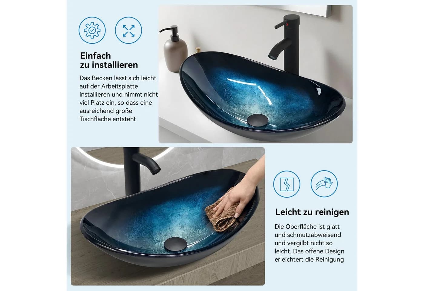 Puluomis Aufsatzwaschbecken Set mit Wasserhahn Oval Dunkelblau Glas - Bild 4