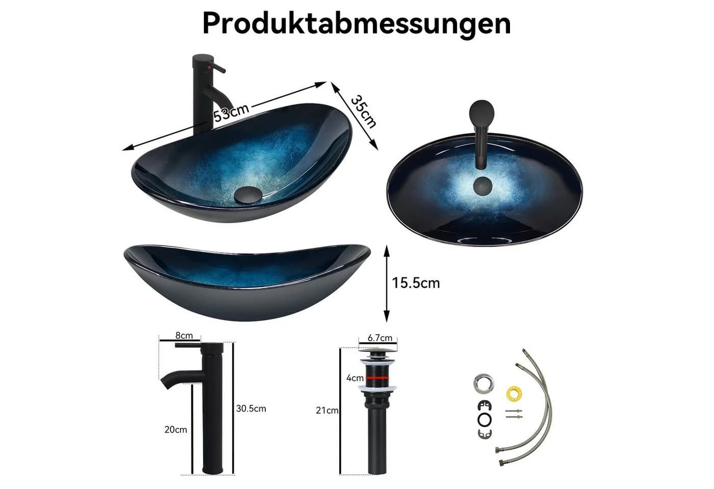 Puluomis Aufsatzwaschbecken Set mit Wasserhahn Oval Dunkelblau Glas - Bild 5