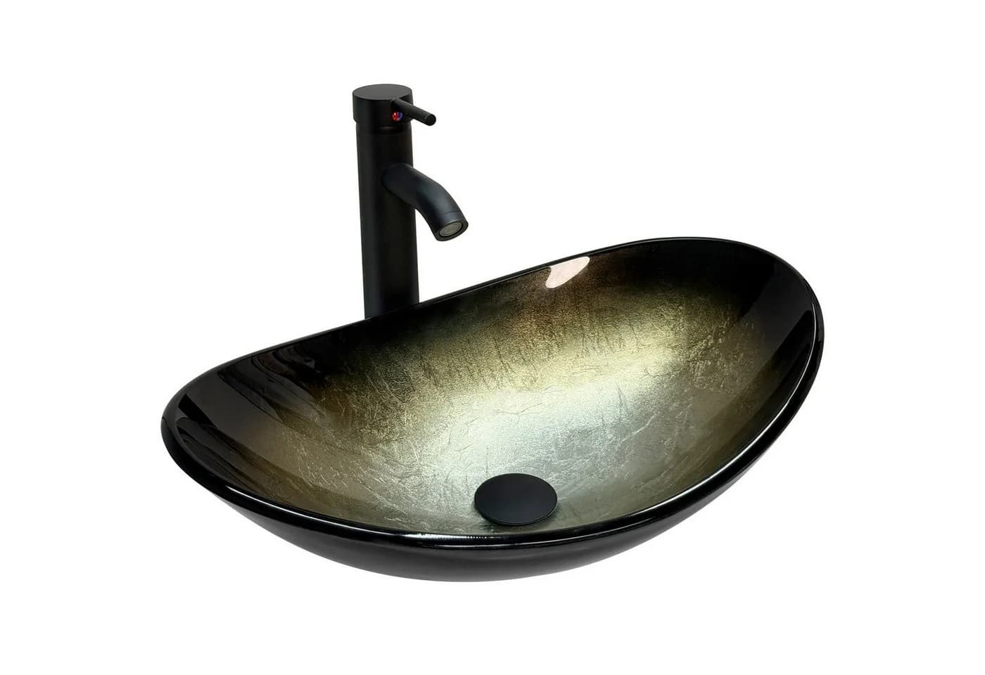 Puluomis Aufsatzwaschbecken Set mit Wasserhahn Oval Glas Gold/Schwarz - Bild 2
