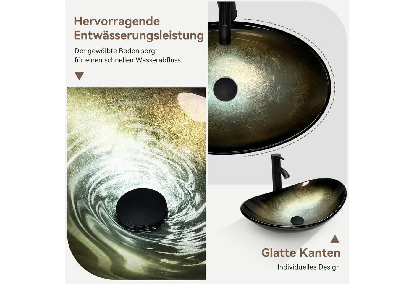 Puluomis Aufsatzwaschbecken Set mit Wasserhahn Oval Glas Gold/Schwarz - Bild 3