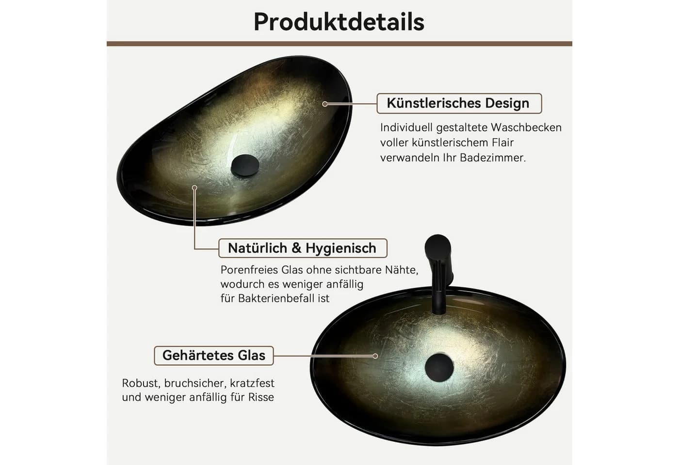 Puluomis Aufsatzwaschbecken Set mit Wasserhahn Oval Glas Gold/Schwarz - Bild 4